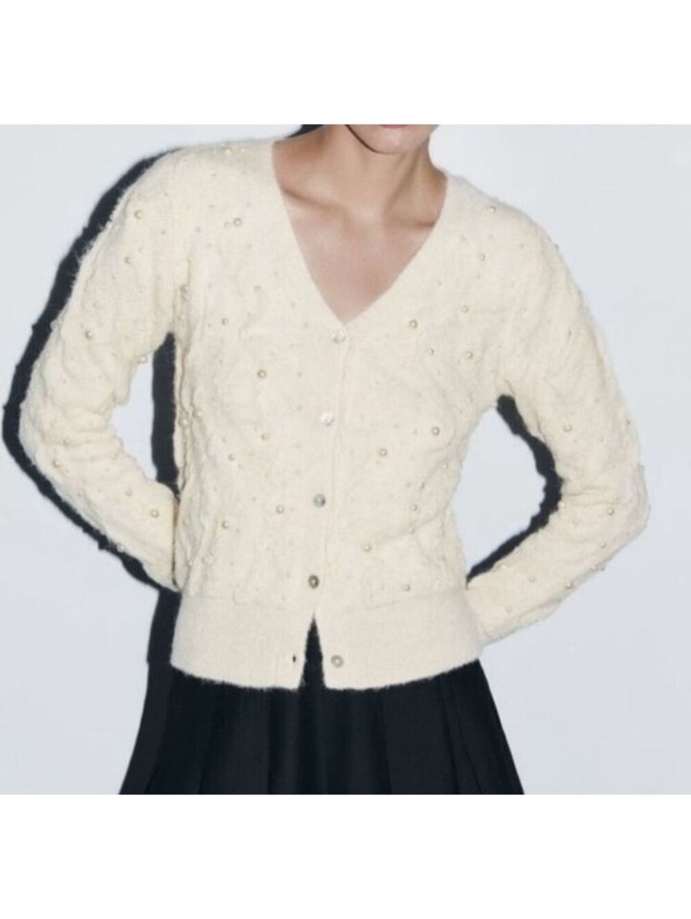 Size M - New ZARA Cream Cable Knit Pearl Wool Cardigan Sweater